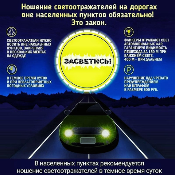 По правилам дорожного движения пешеходам рекомендовано размещать на одежде световозвращающие элементы – они нужны при переходе проезжей части, следовании по ее краю или обочине в темное время суток..